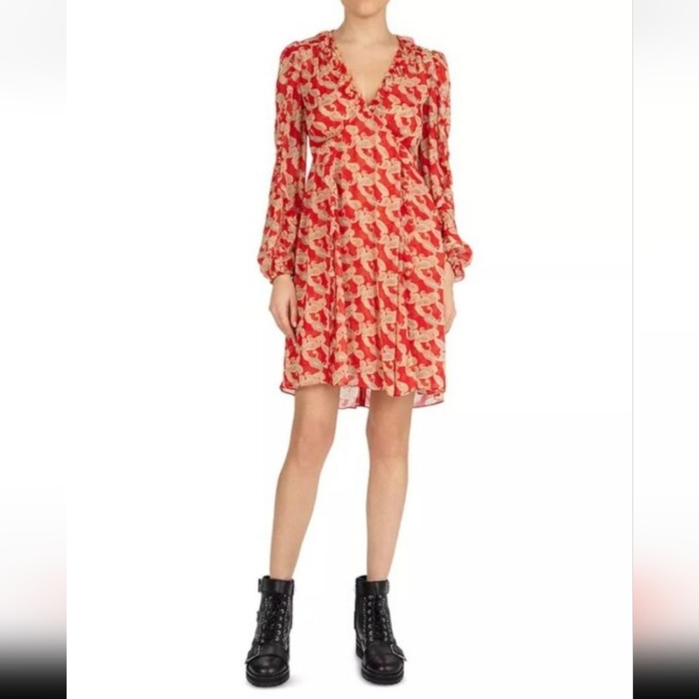 The Kooples Red & Cream Printed Long Sleeve Shift Dress Size 1